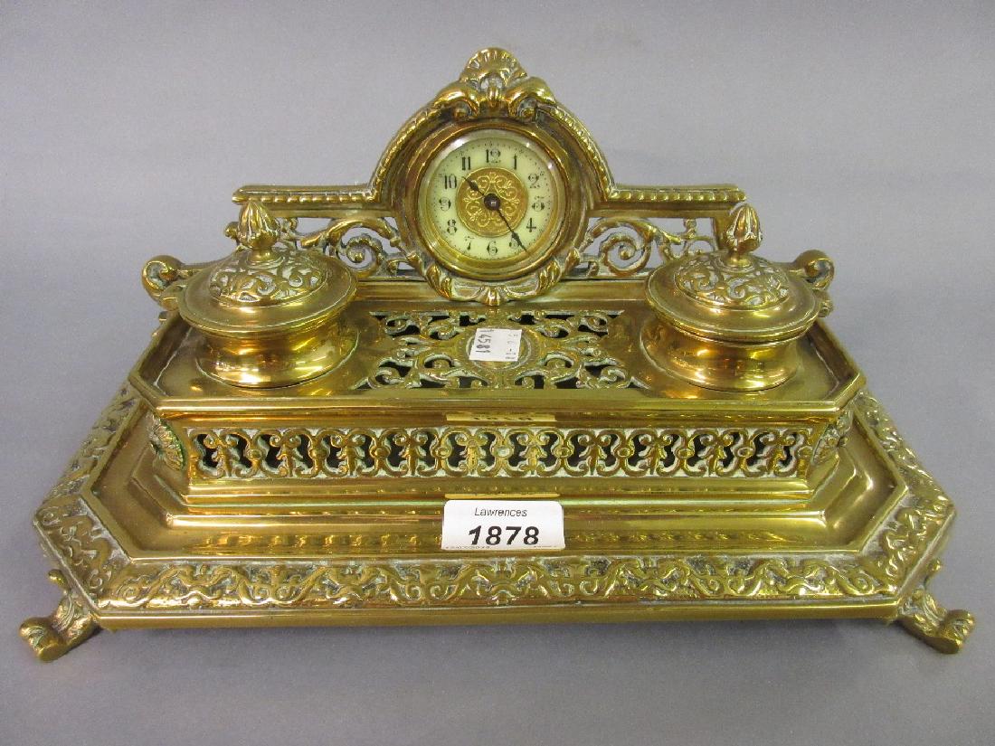 Edwardian brass two bottle ink stand of ornate pierced (1 of 4)