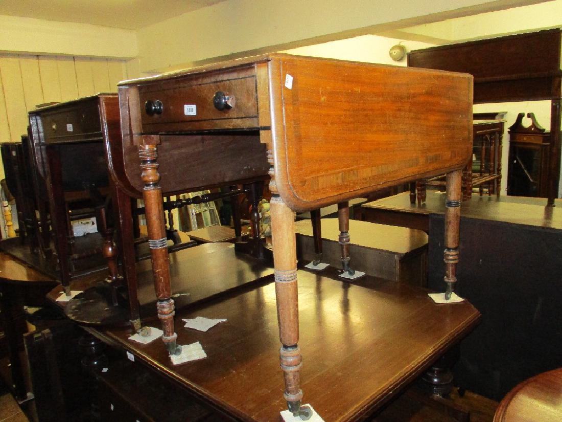 Pair of 19th Century mahogany rectangular drop-leaf: Pair of 19th Century mahogany rectangular drop-leaf Pembroke tables with rosewood crossbanded moulded tops on turned tapering supports