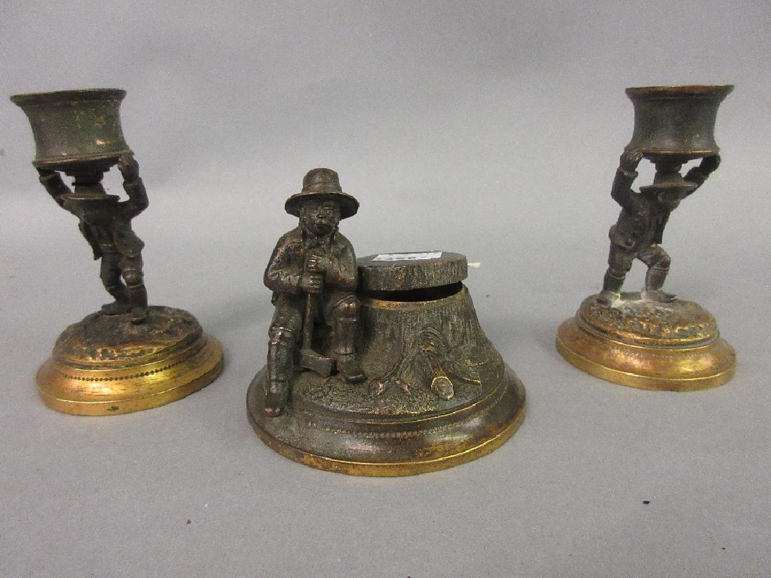 Gilt brass three piece desk set, the inkwell in the (1 of 1)