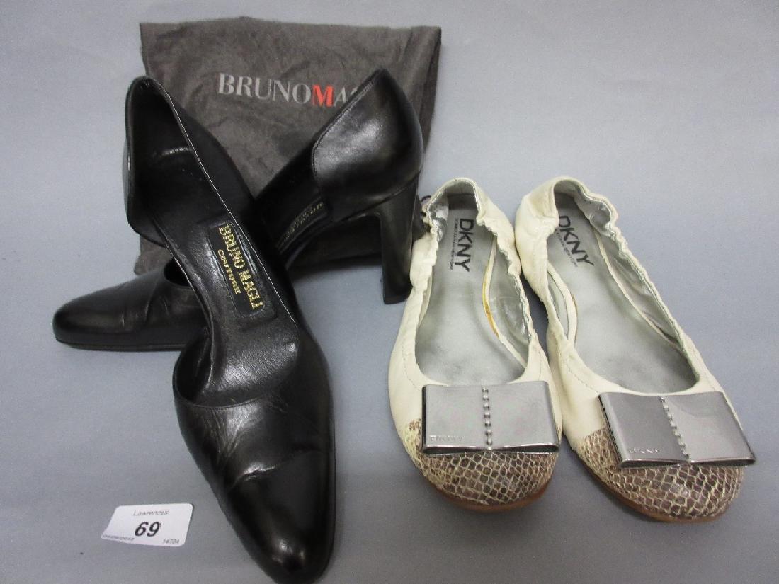 Pair of ladies Bruno Magli black leather cut away court: Pair of ladies Bruno Magli black leather cut away court shoes, size 38 having original dust bag, together with a pair of DKNY flat pumps, size 39