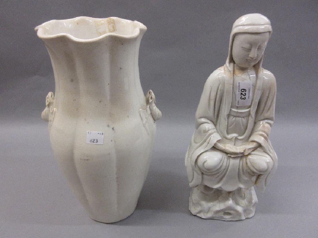 Chinese blanc de chine figure of Quan Yin in a fitted: Chinese blanc de chine figure of Quan Yin in a fitted box together with a similar vase with batwing handles