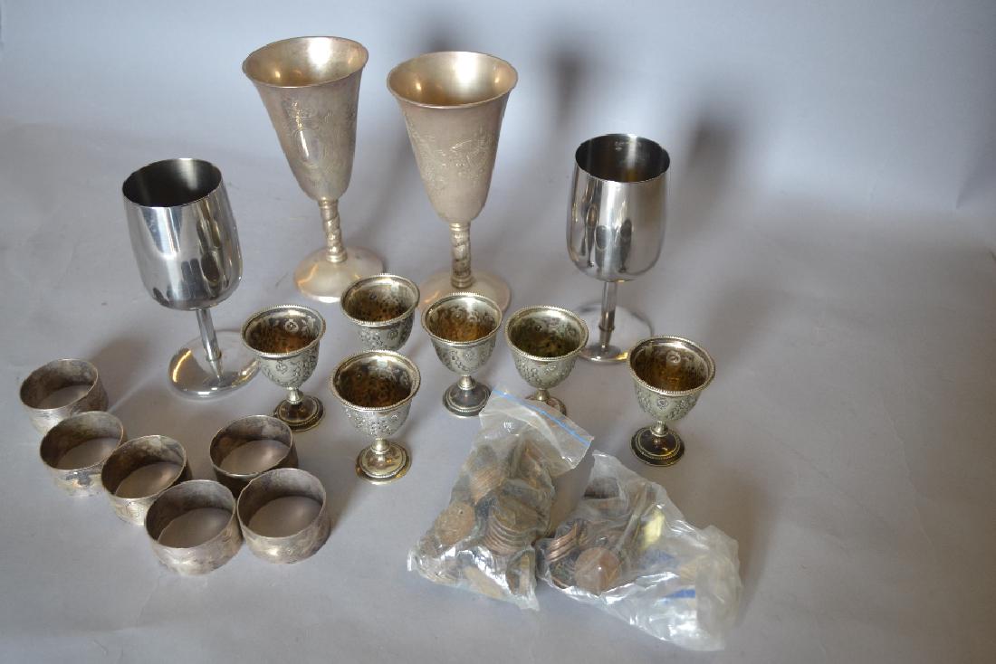 Set of six silver plated napkin rings, various plated: Set of six silver plated napkin rings, various plated goblets and egg cups and a quantity of pre-decimal coins
