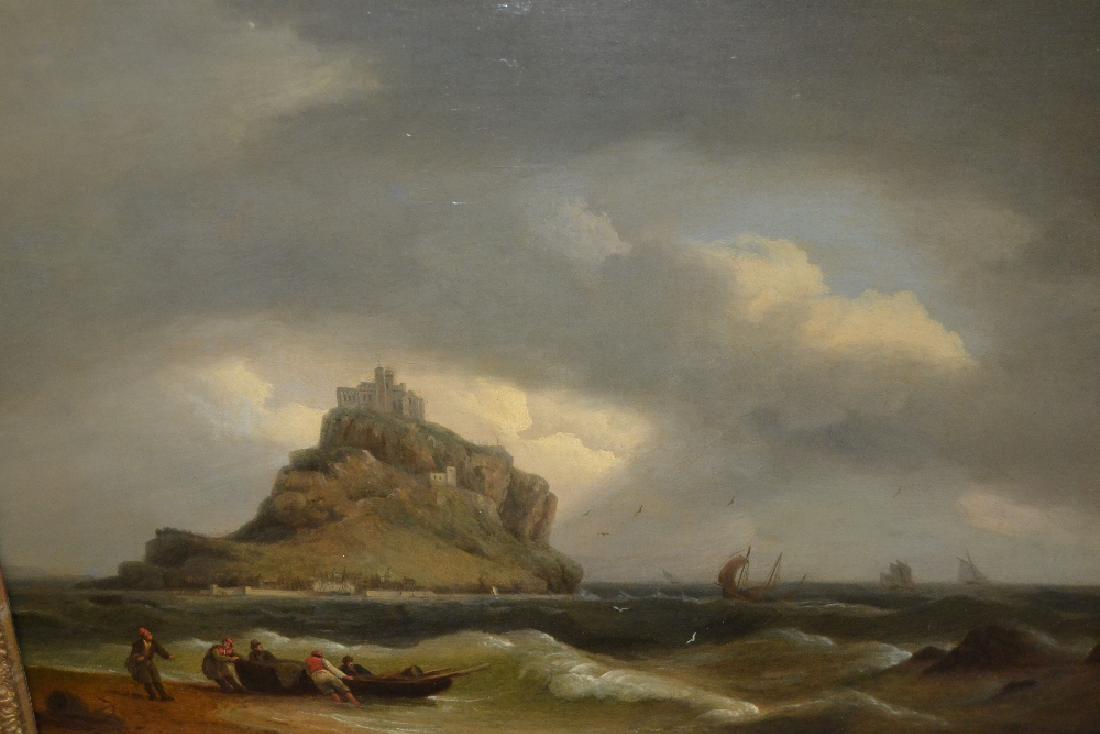Circle of Thomas Luny, figures with an open boat before: Circle of Thomas Luny, figures with an open boat before St. Michaels Mount, shipping in the middle distance beneath a heavy sky, unsigned, 17.5ins x 23.5ins, gilt framed