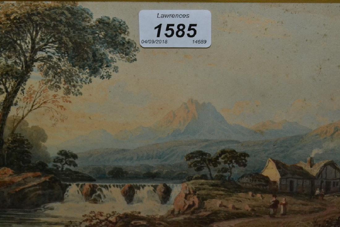 John Varley, watercolour landscape with distant: John Varley, watercolour landscape with distant mountains, a weir and figures before a cottage, signed J. Varley, 6ins x 10ins, gilt framed