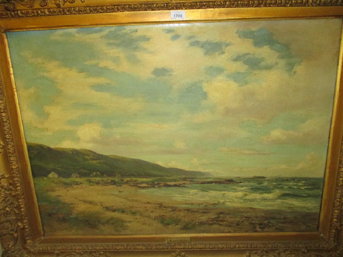 After Eugene Boudin, oil on canvas, coastal scene with: After Eugene Boudin, oil on canvas, coastal scene with cottages on the foreshore,, bearing signature E. Boudin, and dated '90, 28ins x 36ins, gilt framed
