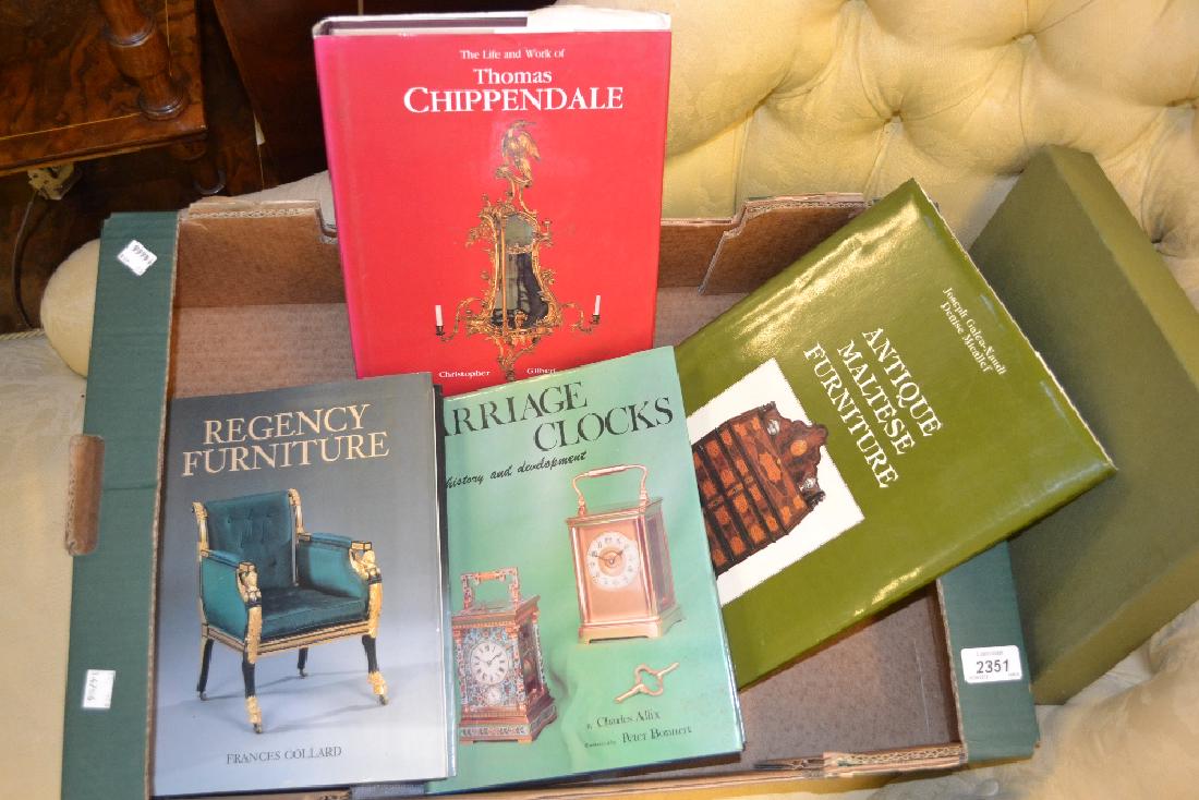 Group of four antiques and horology related books: Group of four antiques and horology related books including:- ' Antique Maltese Furniture ', ' The Life and Work of Thomas Chippendale ', ' Regency Furniture ' and ' Carriage Clocks '