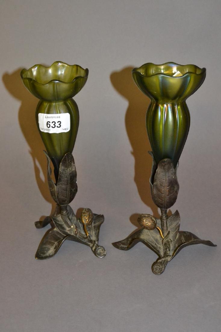 Pair of iridescent glass epergnes on bronze bases: Pair of iridescent glass epergnes on bronze bases