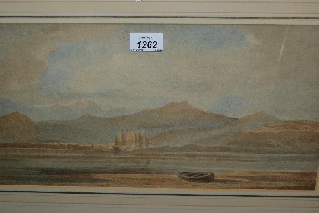 Attributed to John Varley, watercolour, Scottish lake: Attributed to John Varley, watercolour, Scottish lake with distant buildings, unsigned, J.S. Maas and Co. label verso, 8ins x 17ins, gilt framed