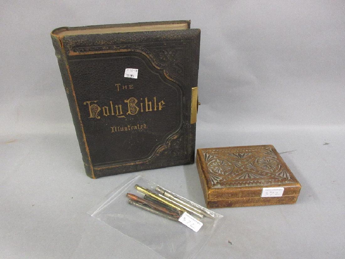 Victorian leather bound family bible, small carved box (1 of 1)