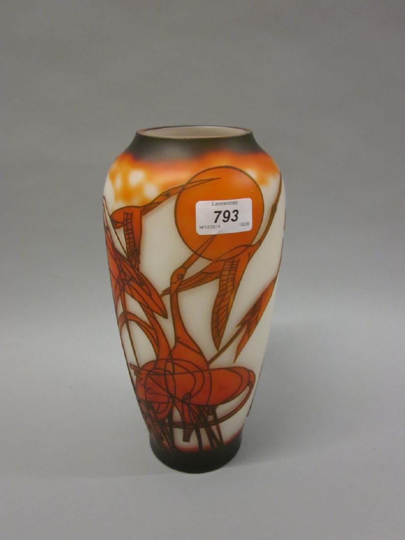 Mid 20th Century cameo glass vase of Art Deco design: Mid 20th Century cameo glass vase of Art Deco design decorated with stylised female figures and cranes in flight in a sunset, in shades of burnt orange and deep brown on a white opaque ground, unsigne