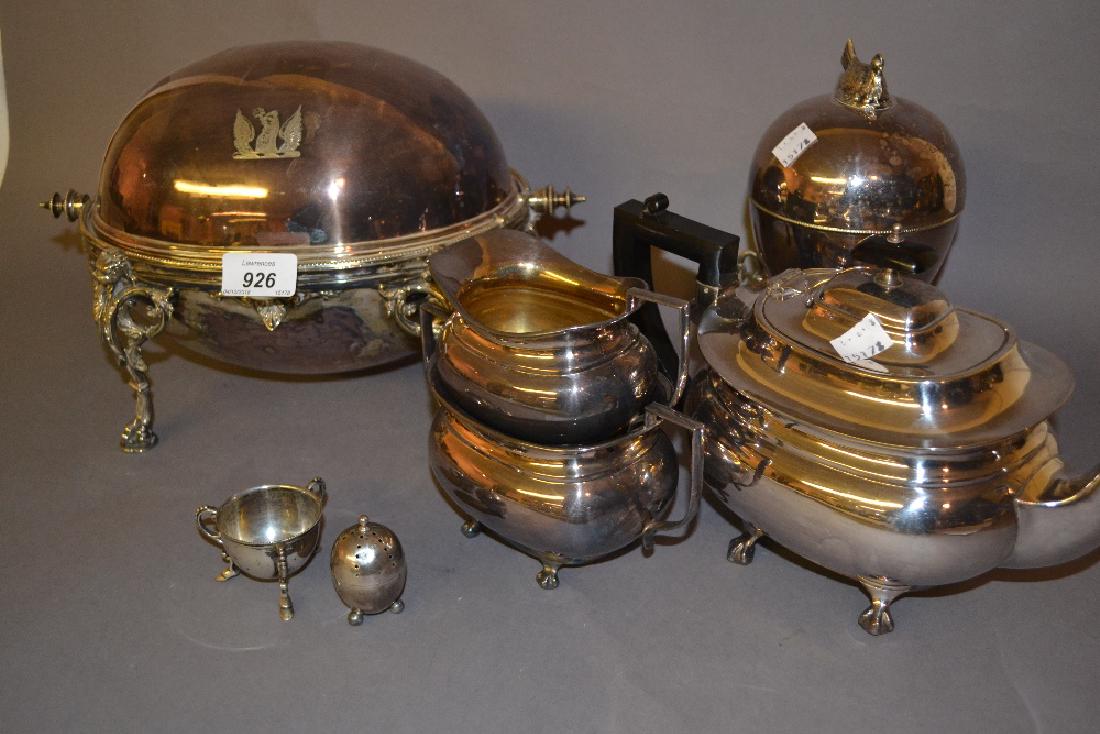 Birmingham silver pepper and a Victorian silver egg: Birmingham silver pepper and a Victorian silver egg cup, together with a good quality plated rollover bacon dish, three piece silver plated teaset and a plated egg coddler