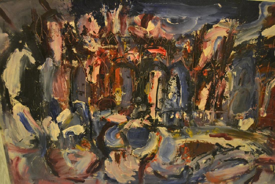 Manner of John Piper, oil on board, study of Gothic: Manner of John Piper, oil on board, study of Gothic arches, signed with initials S.B., 22ins x 30ins in a white painted frame