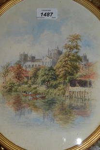 George Fall signed watercolour, boatmen on a river with: George Fall signed watercolour, boatmen on a river with cathedral in the background, oval gilt framed