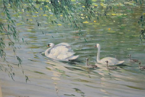 Attributed to Vernon Ward, oil on canvas board, swans: Attributed to Vernon Ward, oil on canvas board, swans and cygnets on a lake, original frame, 14ins x 19ins