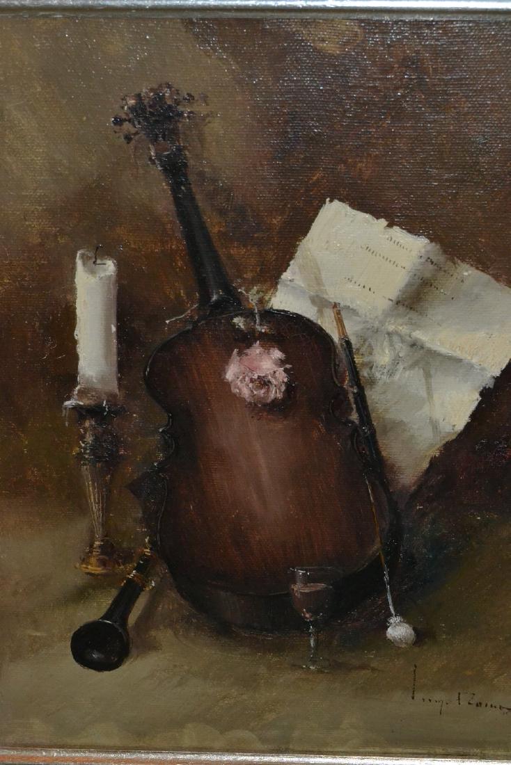 20th Century oil on canvas, still life study of musical: 20th Century oil on canvas, still life study of musical instruments, signed indistinctly, 11.5ins x 9ins, framed
