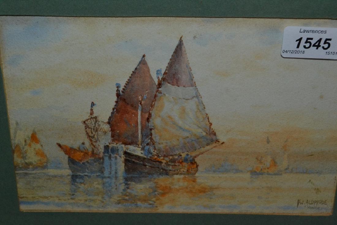 Frederick James Aldridge, watercolour, view of sailing: Frederick James Aldridge, watercolour, view of sailing boats near Venice, signed, 6ins x 9ins