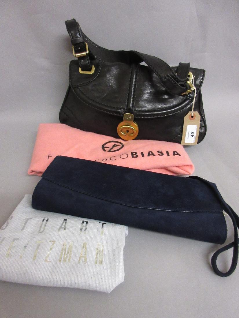 Francesco Biasia black leather handbag with original: Francesco Biasia black leather handbag with original dust bag, together with a blue suede shoulder bag by Stuart Weitzman for Russell & Bromley, also with original dust bag
