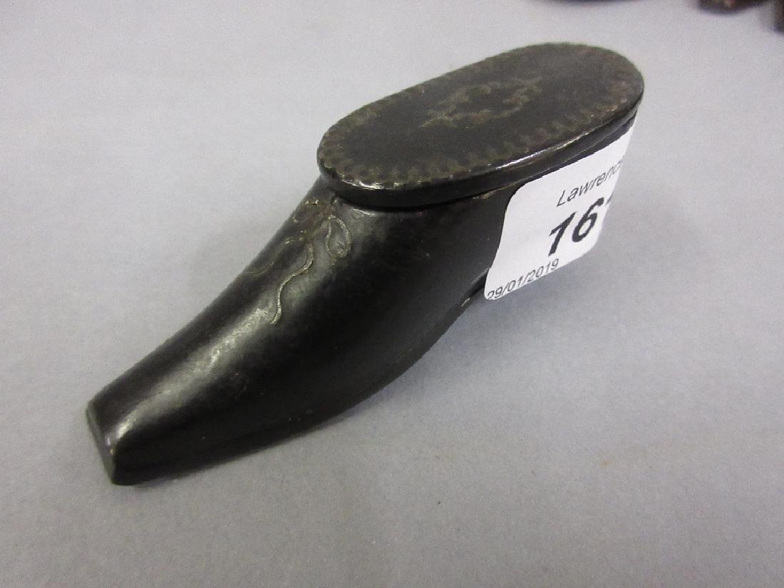19th Century papier mache steel pique work snuff shoe: 19th Century papier mache steel pique work snuff shoe with hinged cover