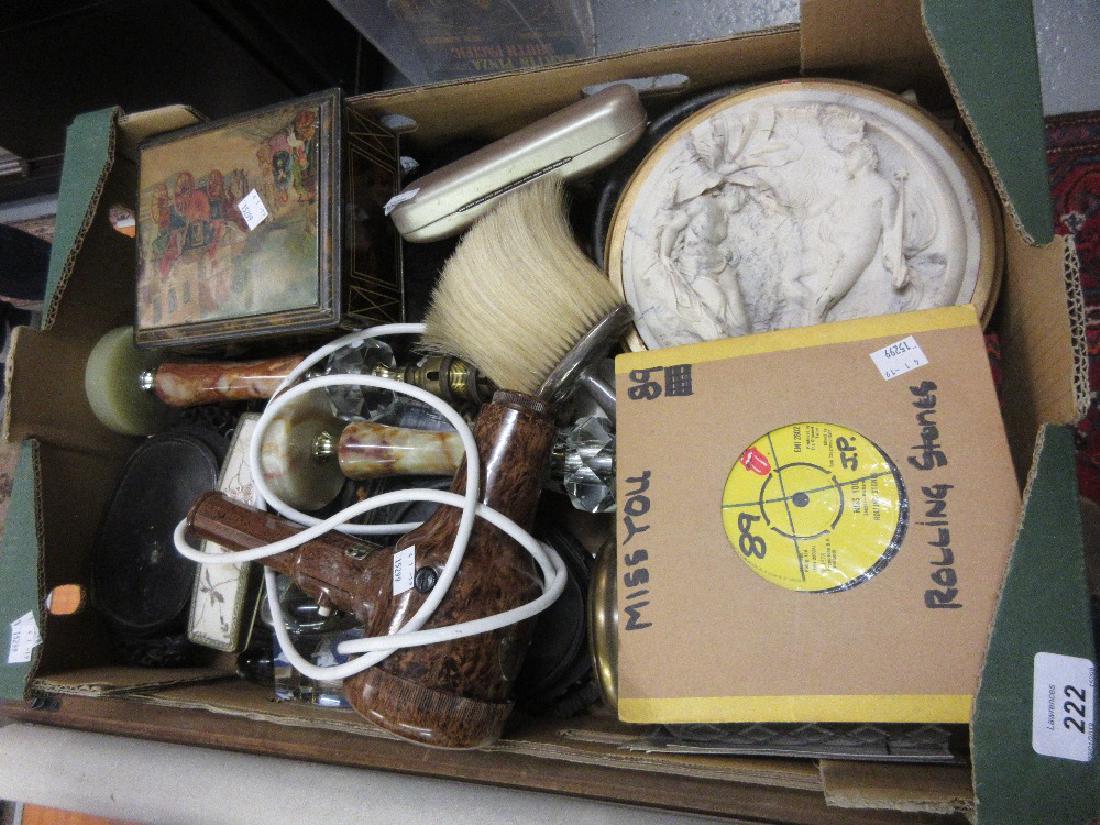 Box containing a large quantity of miscellaneous: Box containing a large quantity of miscellaneous collectables, including an early Bakelite hair dryer etc