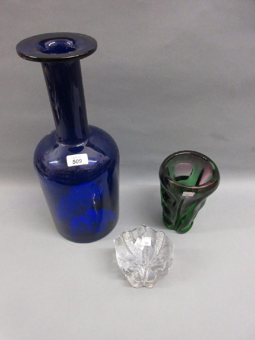 Green Art Glass vase, large Holmegaard blue glass: Green Art Glass vase, large Holmegaard blue glass bottle vase and an Art Glass ornament in the form of a grotesque face, indistinctly signed