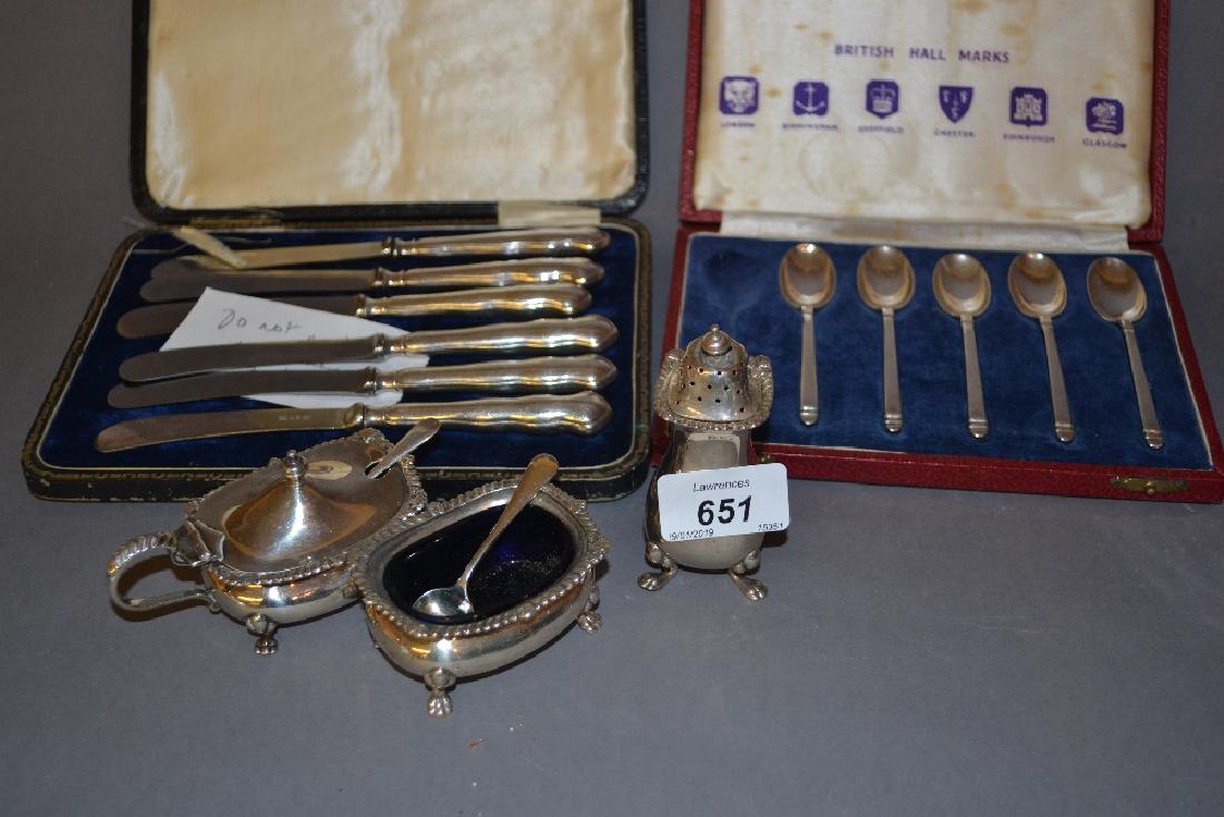 Three piece Birmingham silver condiment set, cased set: Three piece Birmingham silver condiment set, cased set of six silver handled tea knives and a cased part set of five silver handled teaspoons