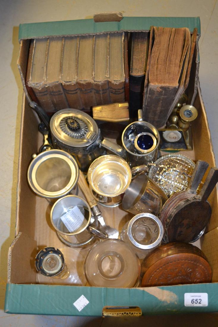 Box containing a quantity of various silver plated: Box containing a quantity of various silver plated items including a glass silver plate mounted storm shade, small quantity of books, pair of brass candlesticks and miscellaneous other items