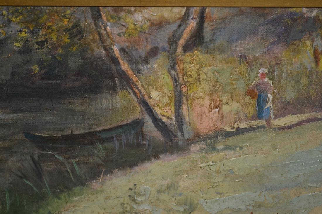 Oil on canvas laid on board, figure by a boating lake,: Oil on canvas laid on board, figure by a boating lake, signed Lacoste, dated 1885, 7ins x 11ins