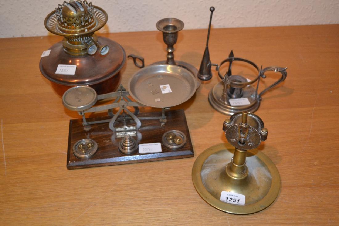 Early 20th Century brass cigar cutter / matchstriker in: Early 20th Century brass cigar cutter / matchstriker in the form of a ships engine regulator, pair of balance scales with weights, oil lamp and two chamber sticks