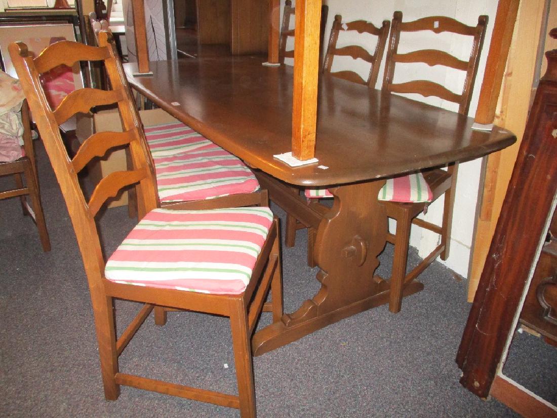 Mid to late 20th Century Ercol pale ash dining room: Mid to late 20th Century Ercol pale ash dining room suite comprising: refectory style table, six ladder back chairs and a bookcase