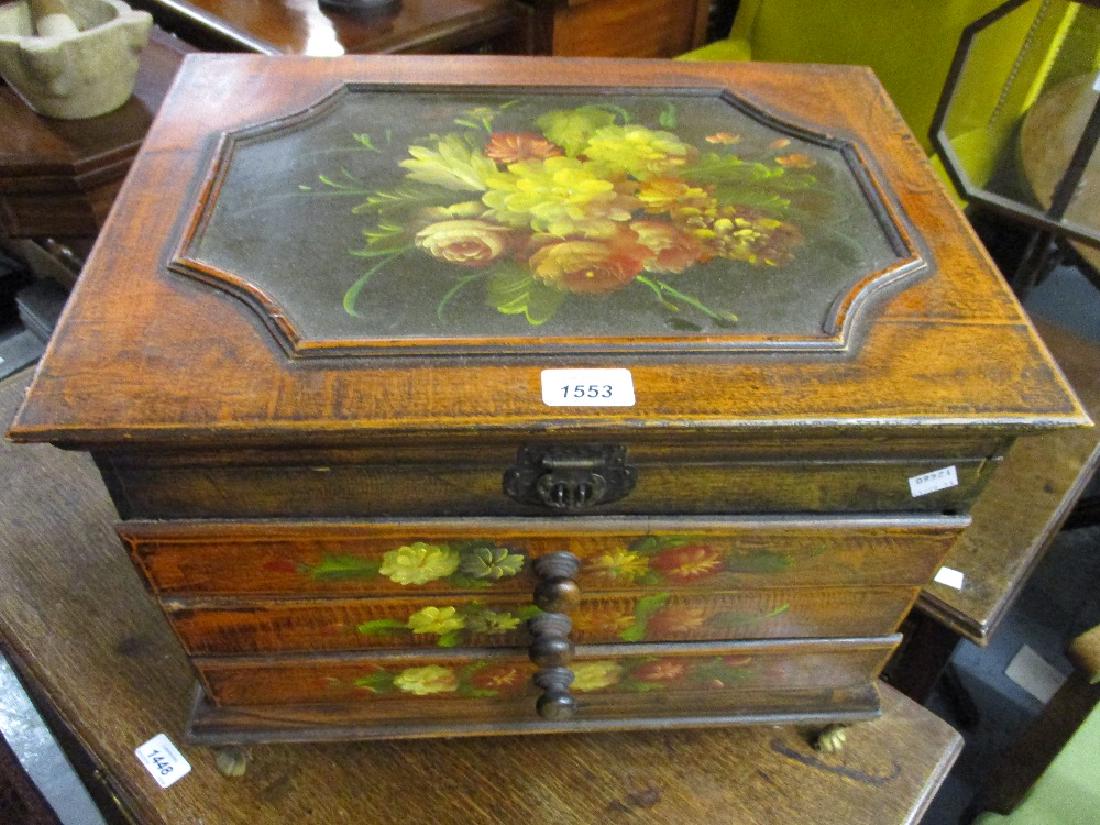 Small reproduction painted table cabinet with a hinged: Small reproduction painted table cabinet with a hinged lid above three drawers together with a reproduction mahogany oval swing frame toilet mirror