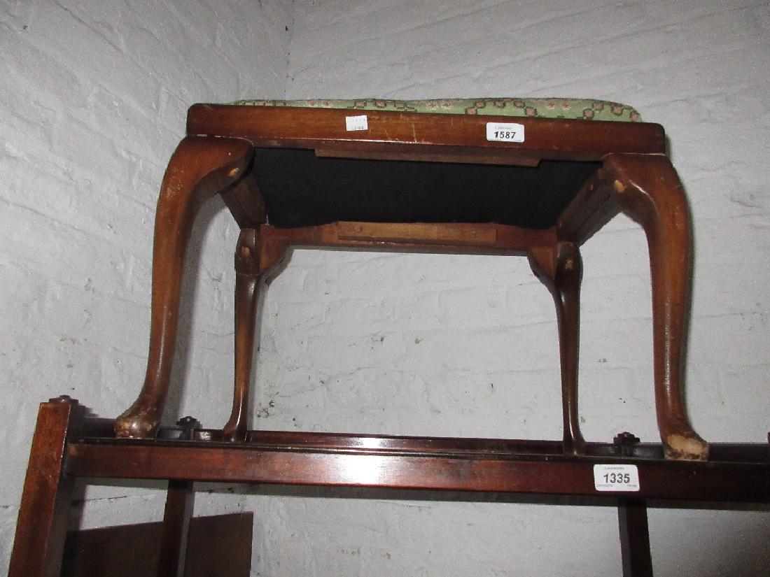 Mahogany two tier tea trolley and a stained beechwood: Mahogany two tier tea trolley and a stained beechwood stool with woolwork drop-in seat and cabriole supports