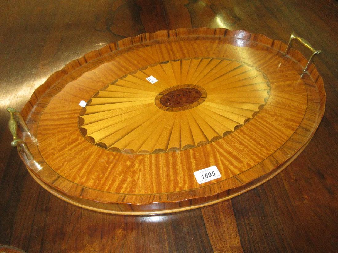 Good quality reproduction satinwood and inlaid: Good quality reproduction satinwood and inlaid galleried tray with brass handles