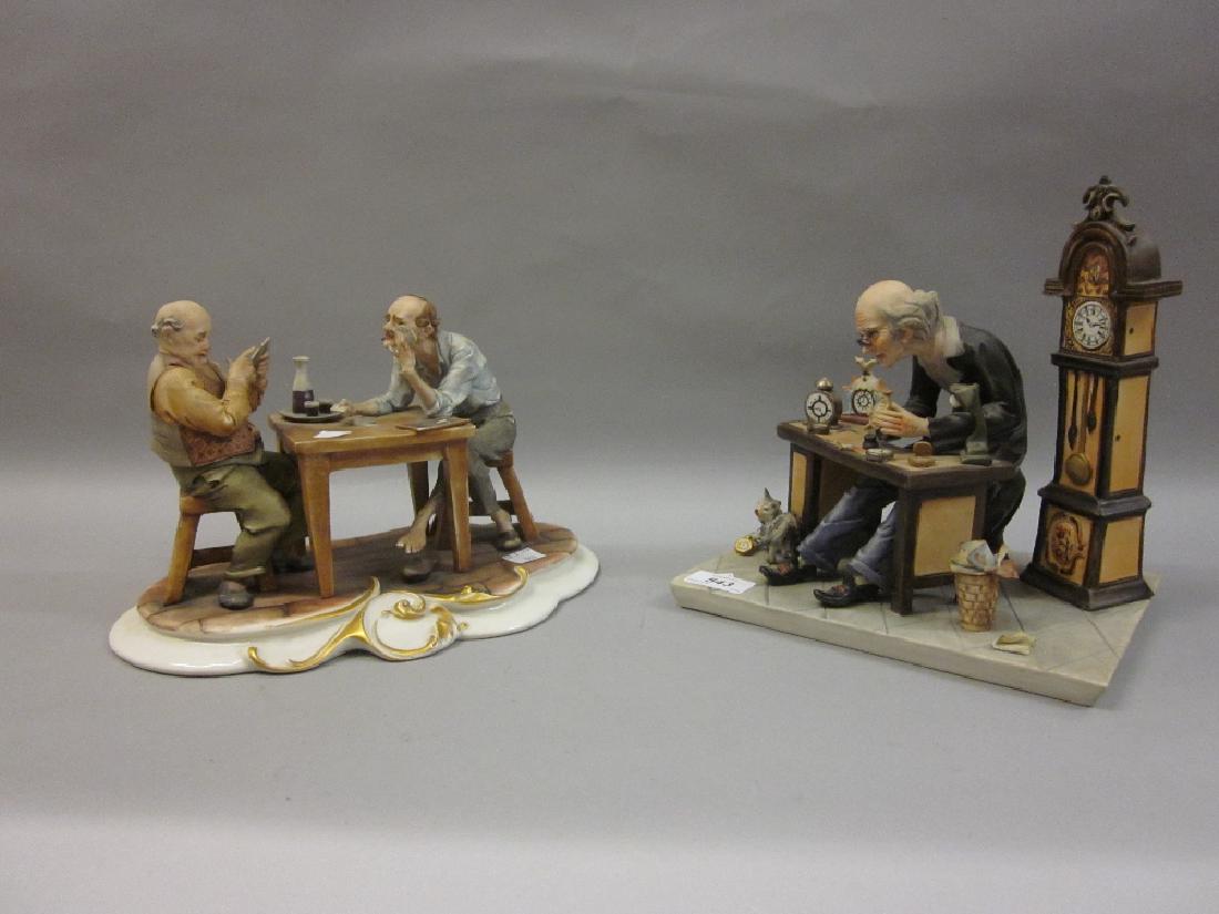 Naples Capo di Monte porcelain group, card players: Naples Capo di Monte porcelain group, card players seated at a table together with a Naples Capo di Monte figure, ' The Horologist ' signed to the base Cortese