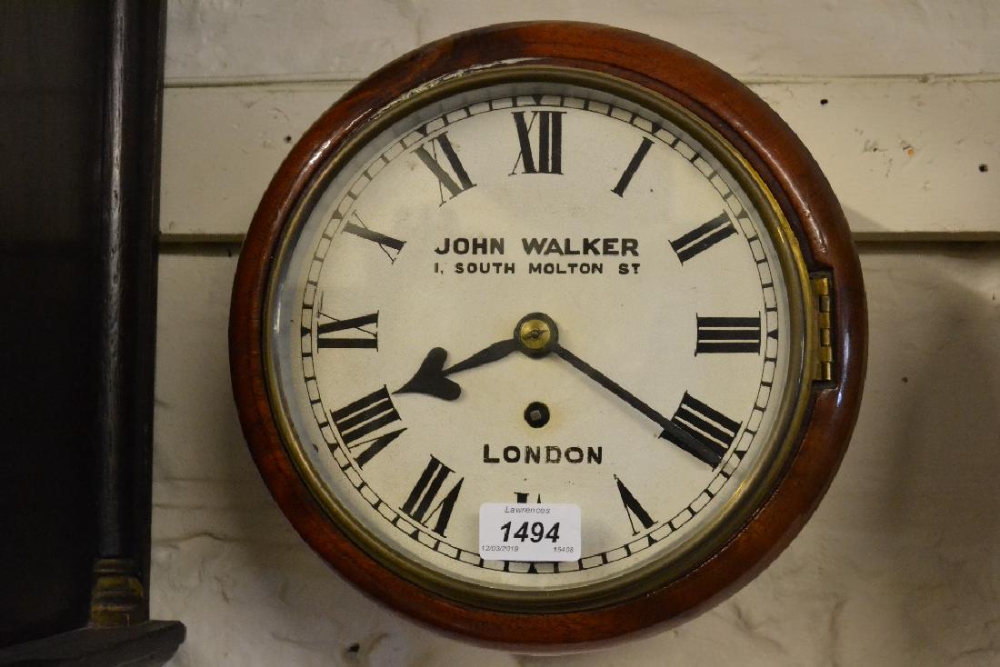 Small 19th Century mahogany dial clock, the painted: Small 19th Century mahogany dial clock, the painted dial with Roman numerals, signed John Walker, 1 South Molton Street, London, with a single train fusee movement and 8in dial