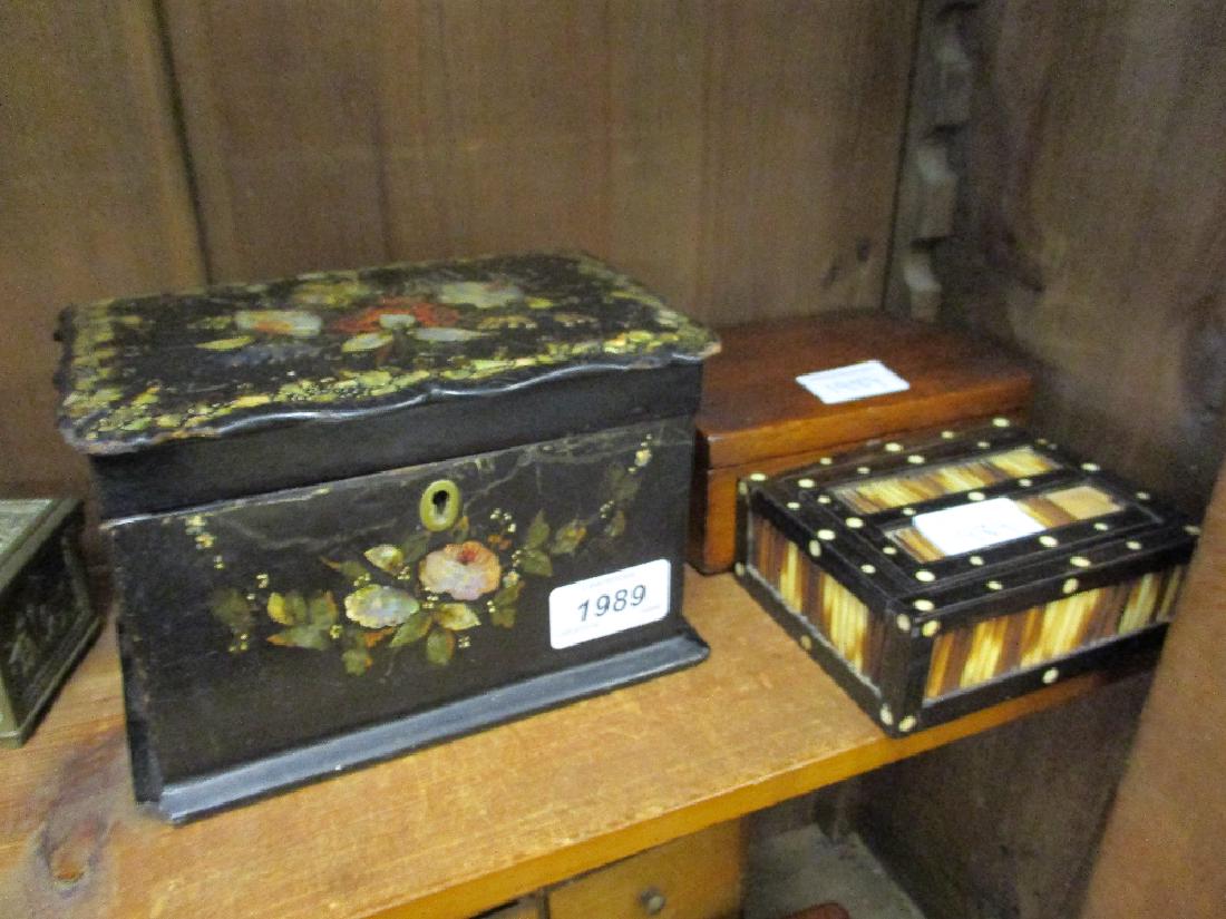 19th Century black lacquered papier mache two division: 19th Century black lacquered papier mache two division tea caddy, small mahogany box with hinged dome lid, porcupine quill box and others