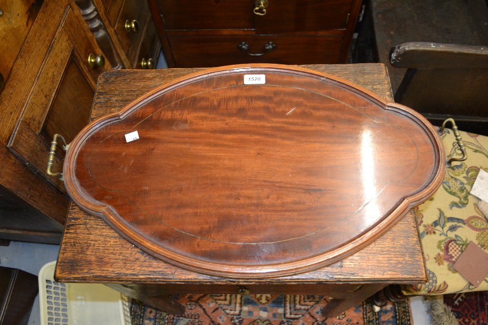 Edwardian mahogany and line inlaid drinks tray with: Edwardian mahogany and line inlaid drinks tray with brass end handles