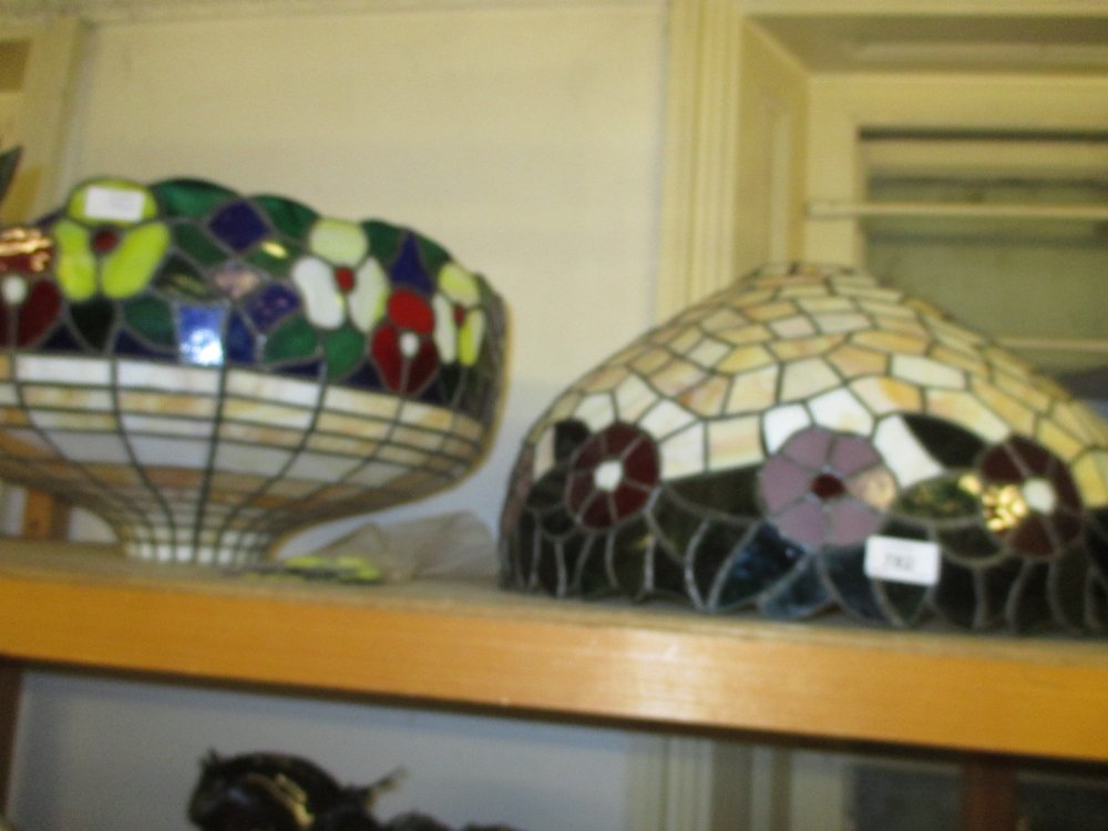 Large Tiffany style leaded glass lampshade signed Paul: Large Tiffany style leaded glass lampshade signed Paul Morrison, together with another similar (a/f)