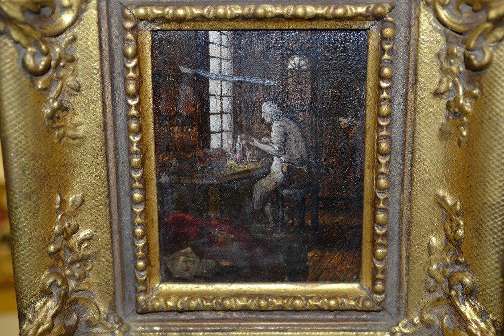 Miniature oil painting on panel, interior scene with a (1 of 1)