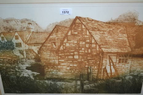 Michael Chaplin, coloured etching, titled ' Manor Farm,: Michael Chaplin, coloured etching, titled ' Manor Farm, Taynton ', dated '77, No. 92 of 100, label verso, 22ins x 15ins