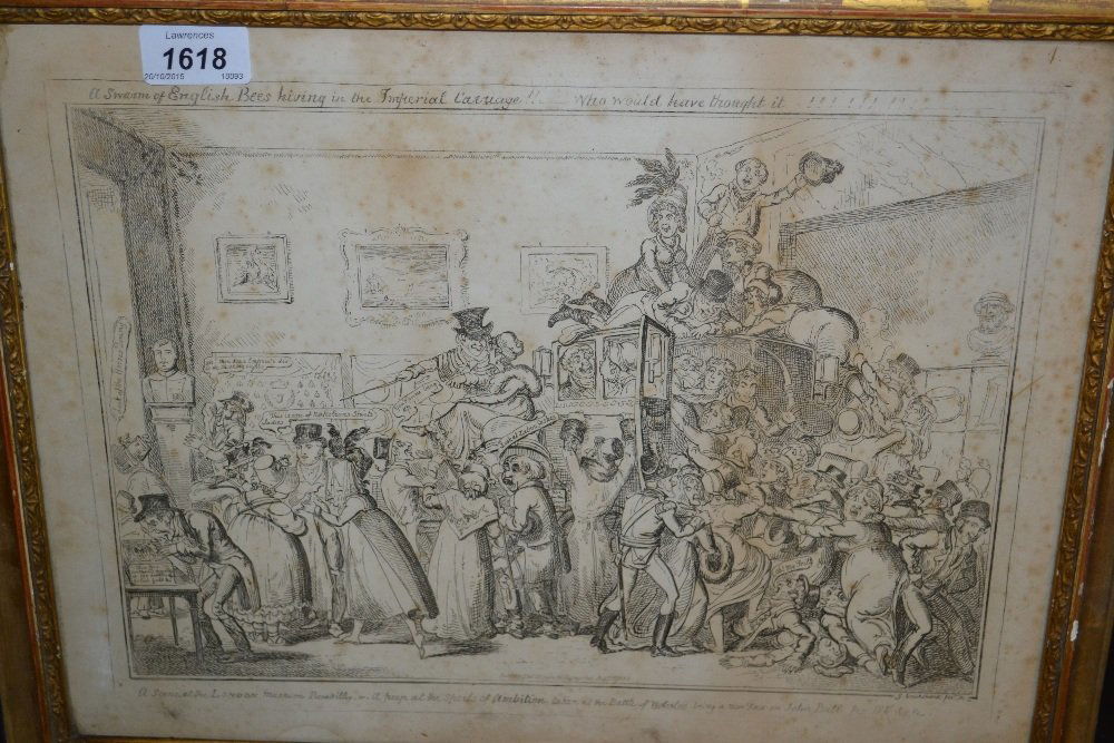 Antique engraving after Cruickshank, ' A Swarm of: Antique engraving after Cruickshank, ' A Swarm of English Bees Hiving in the Imperial Carriage ', together with a 19th Century burr maple framed needlepoint picture, figures