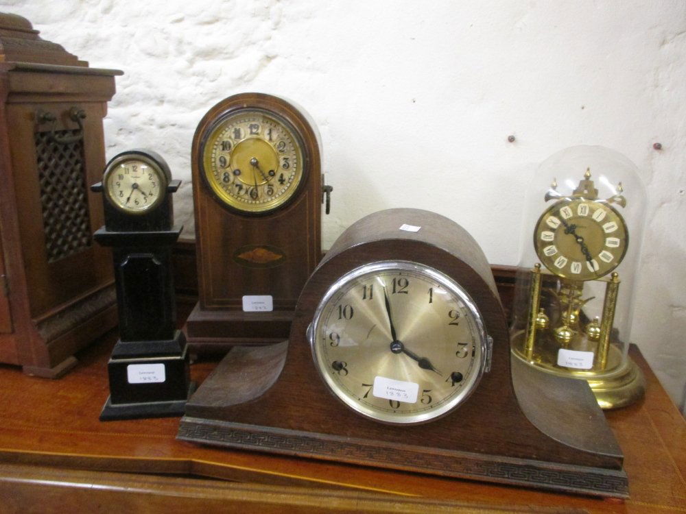 Walnut two train mantel clock, oak three train mantel: Walnut two train mantel clock, oak three train mantel clock, Edwardian mahogany and inlaid two train mantel clock, a miniature longcase clock and a three hundred day clock