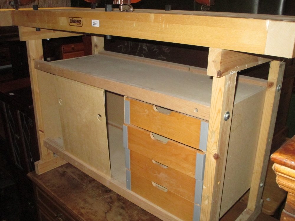 Large wooden work bench with two integral vices: Large wooden work bench with two integral vices