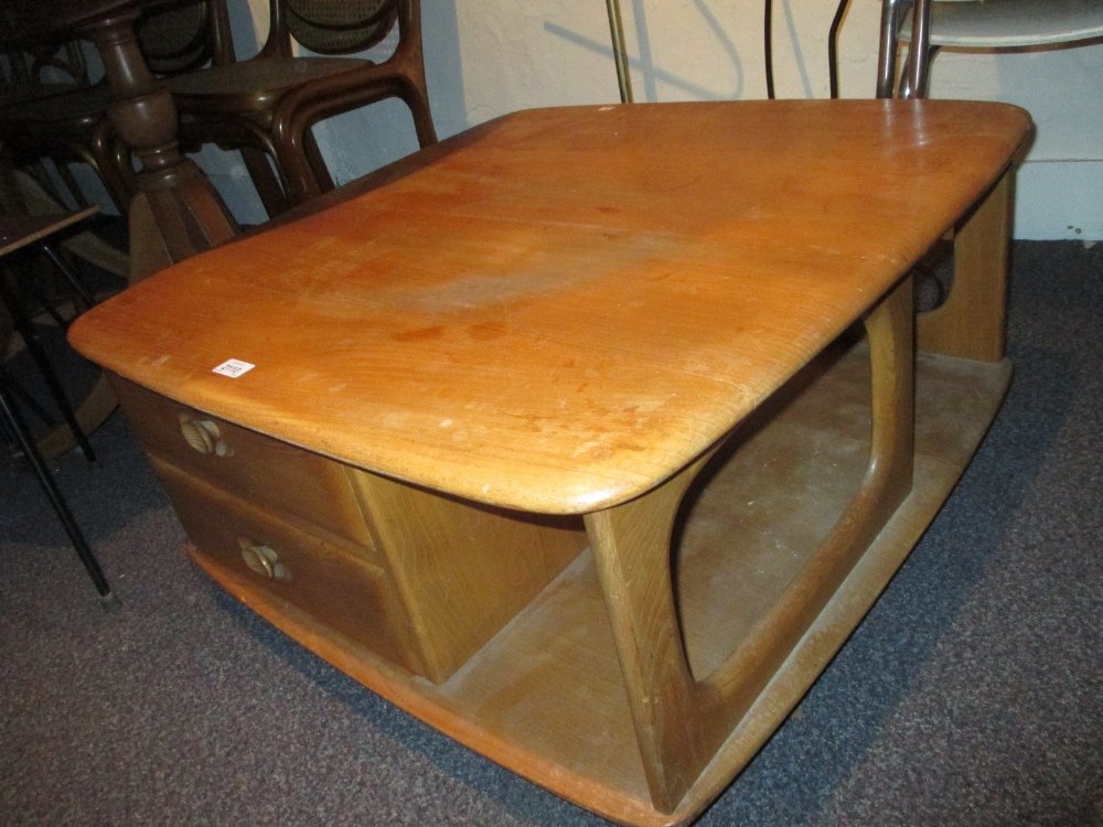 Ercol light ash Pandora's box coffee table with: Ercol light ash Pandora's box coffee table with integral cubby holes and drawers (a/f)