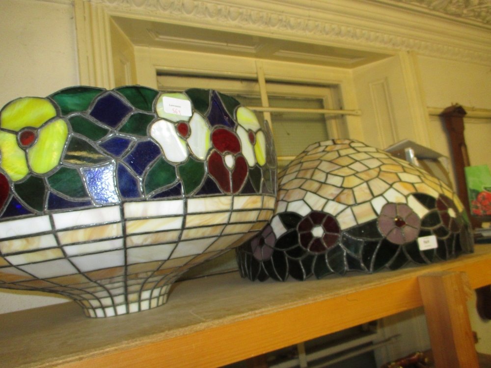 Large Tiffany style leaded glass lampshade signed Paul: Large Tiffany style leaded glass lampshade signed Paul Morrison, together with another similar (a/f)