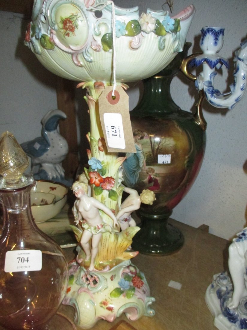 Continental porcelain figural comport, Continental: Continental porcelain figural comport, Continental porcelain figure of a nude girl with a deer, two pottery vases, Jasperware teapot and a pair of green carnival glass vases