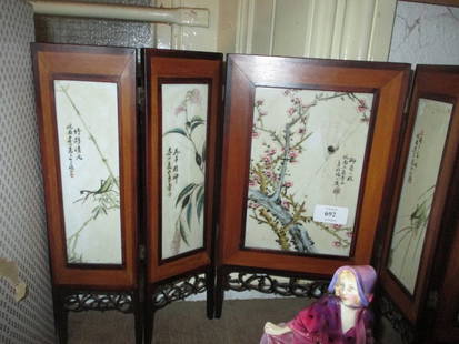 20th Century Chinese porcelain and hardwood mounted: 20th Century Chinese porcelain and hardwood mounted five panel table screen decorated with insects, flowers and inscriptions