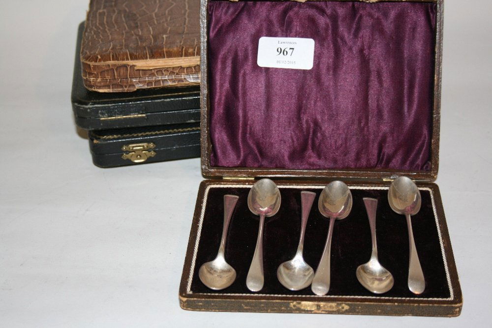 Cased set of six silver coffee spoons and three cased: Cased set of six silver coffee spoons and three cased sets of six silver handled dessert knives