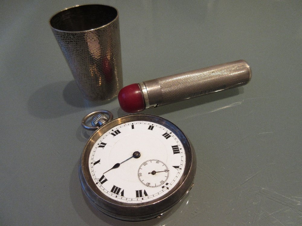 Silver cased torch with engine turned decoration,: Silver cased torch with engine turned decoration, silver cased pocket watch (a/f) and a small Chinese silver tot