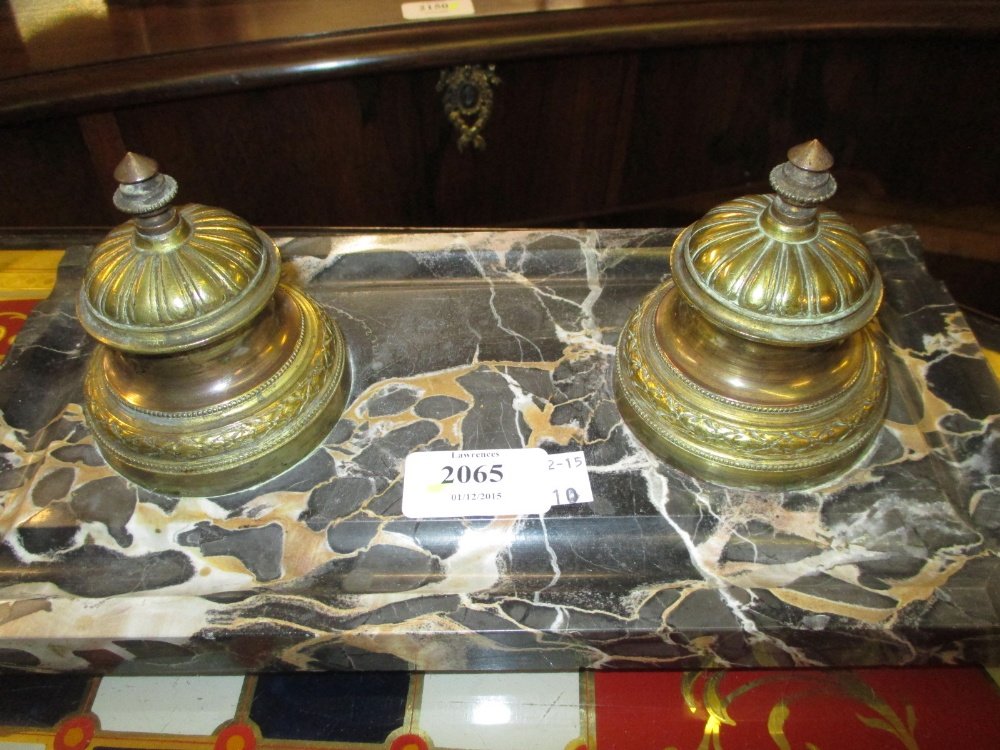 French rectangular variegated marble and ormolu two: French rectangular variegated marble and ormolu two bottle inkstand