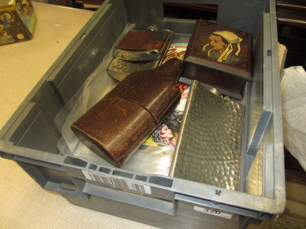 Quantity of 20th Century D.C. comics, three hip flasks: Quantity of 20th Century D.C. comics, three hip flasks and a painted wooden box with hinged cover